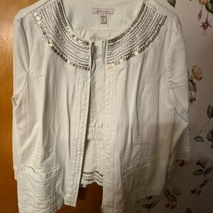 JM Collection White Sequin-Trimmed Jacket and Pants Set